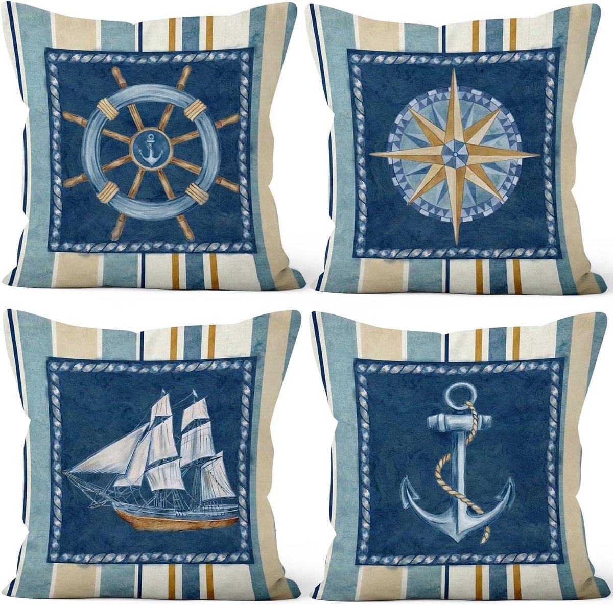 Zomer Kussenslopen voor Zeilboot en Marine Decoratie - Set van 4 Pluche Kussenslopen 40x40cm met Kompas en Anker Design voor Sofa en Fauteuil