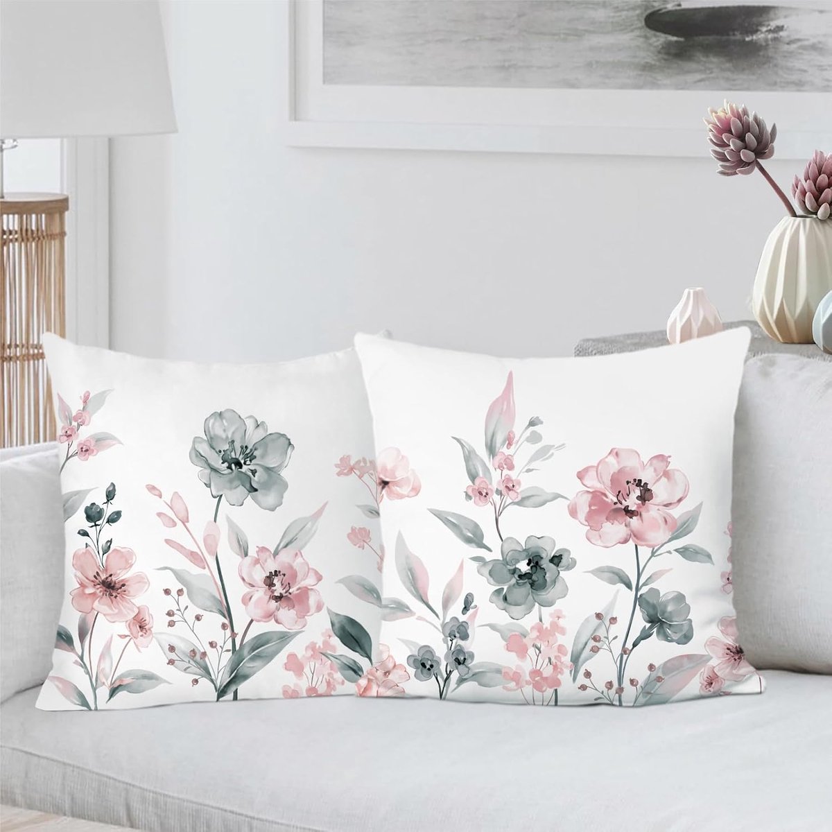 SnelShoppen - Set van 2 Decoratieve Kussenhoezen 45 x 45 cm Bloemen Aquarel Grijs Roze | Zachte Kussenslopen voor Bank, Slaapkamer, Huis, Tuin, Terras