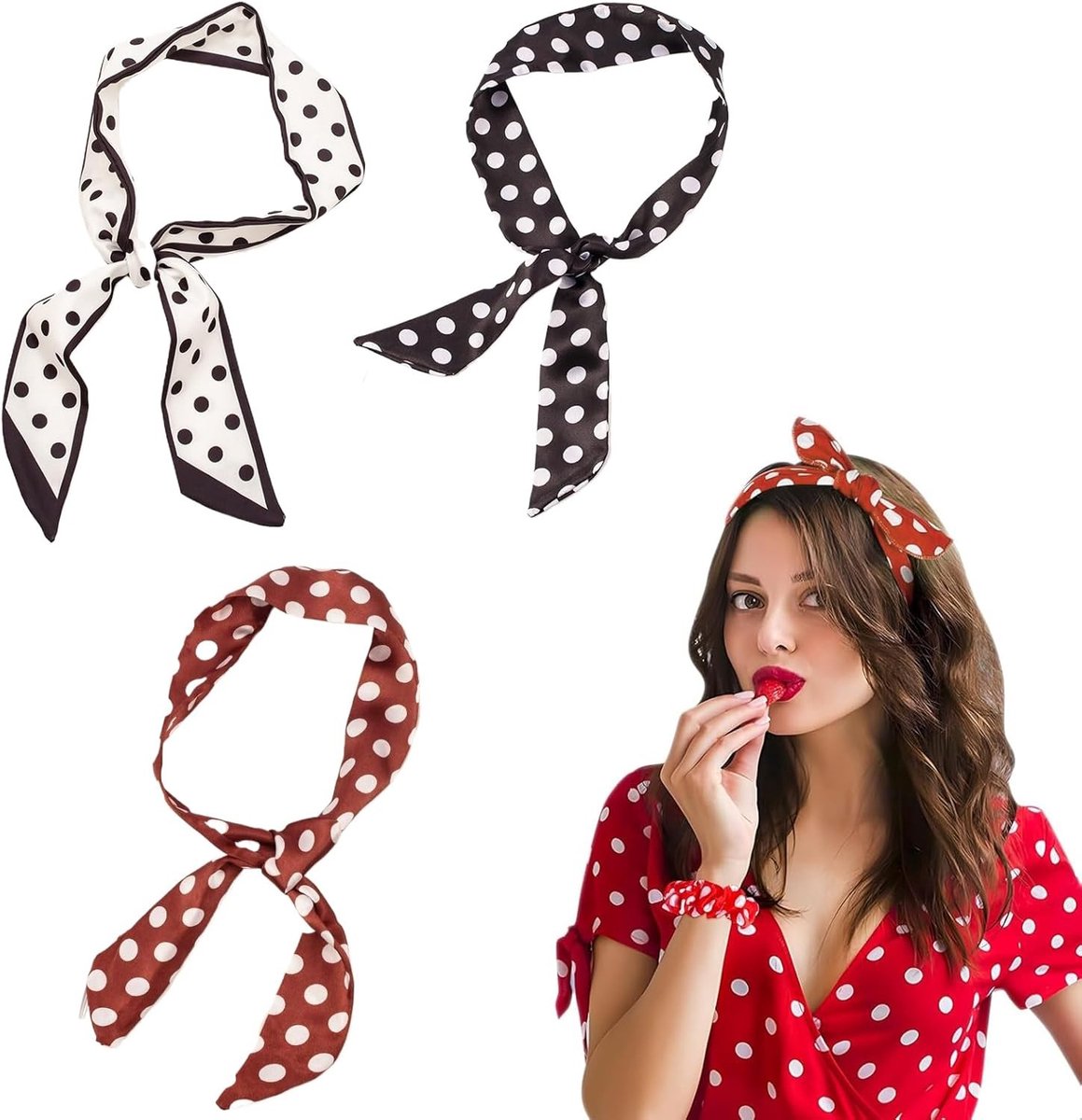 Set van 3 Brede Haarbanden voor Dames, Retro Accessoires met Stippen, Vintage Haarbanden in Rood en Zwart, Perfect voor Rockabilly Outfits en 50s Mode