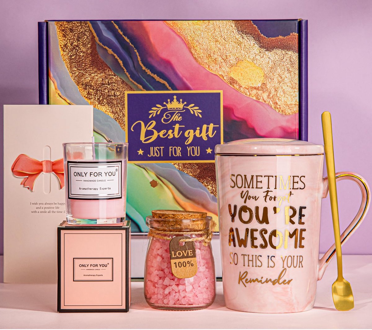 SnelShoppen - Verjaardagscadeaus voor vrouwen, ontspanningsset met geurkaars, keramische mok 414 ml, zelfzorg, badtraktaties, elegante mand voor haar,