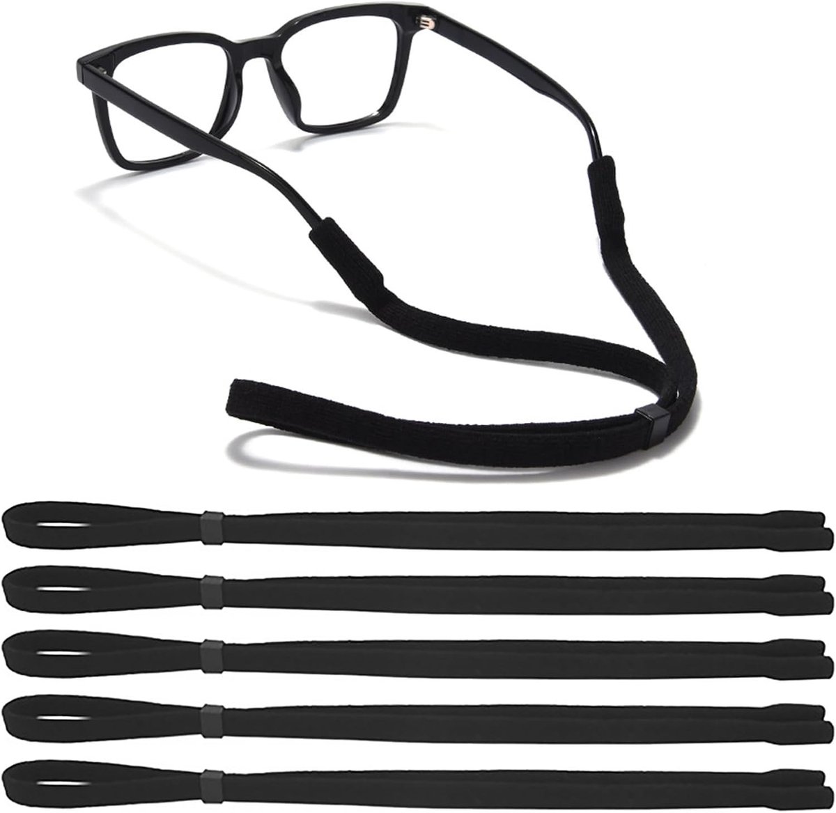 Set van 5 verstelbare brillenkoord met zwarte vierkante gesp, sterke grip, elastisch en antislip, ideaal voor dames en heren