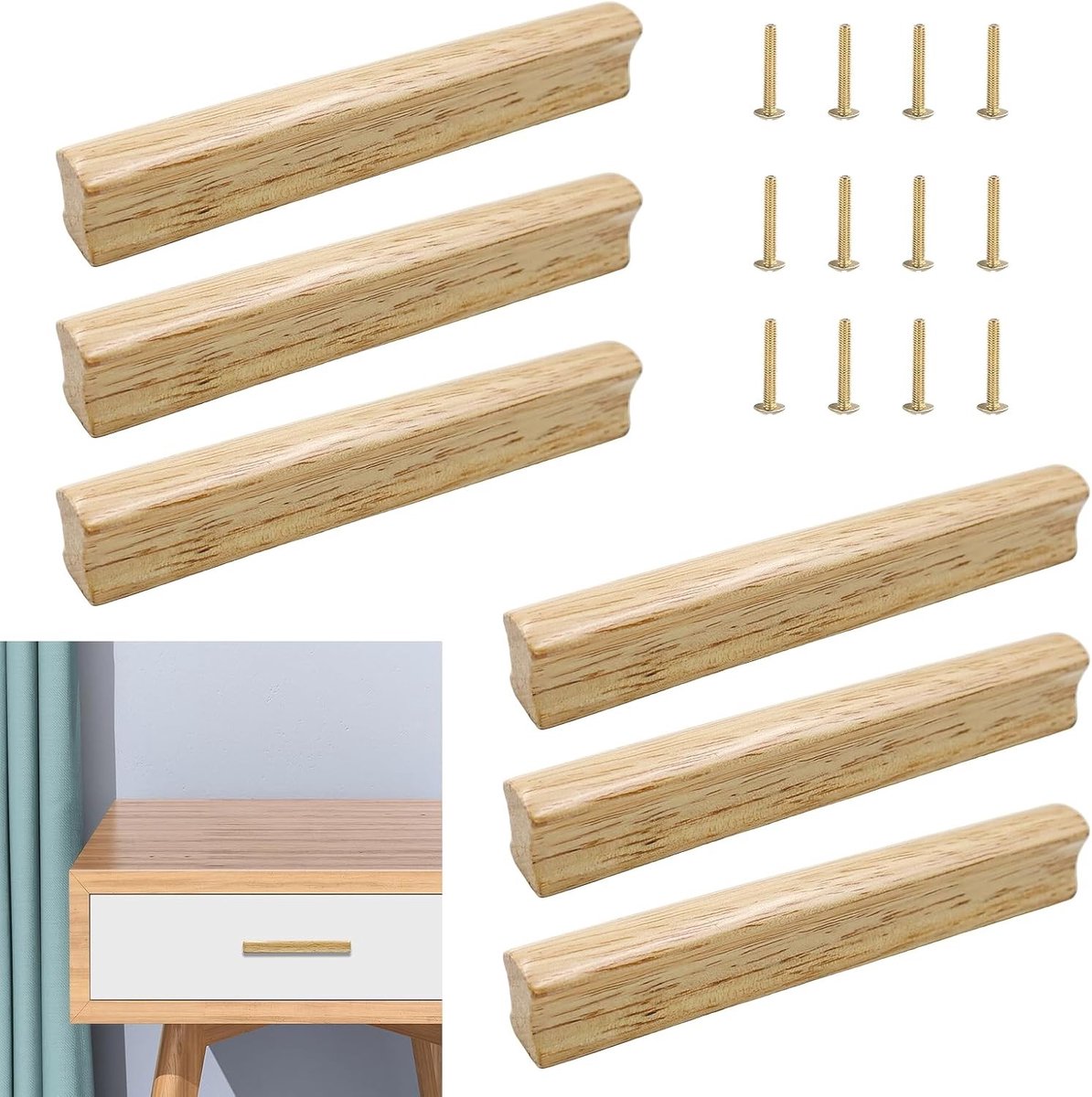 Natuurlijke Houten Meubelhandgrepen 128mm Gatafstand - 6 Stuks voor Kastdeuren, Laden en Keukenmeubels