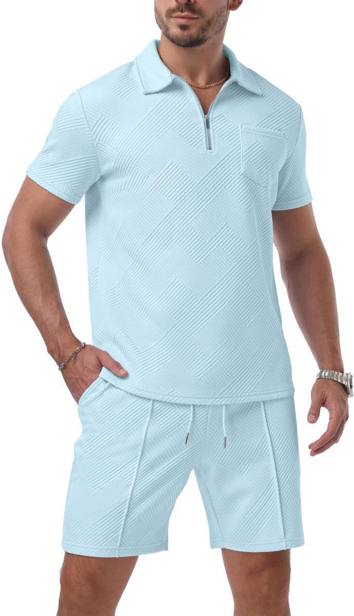 SnelShoppen - Heren Korte Broek en T-Shirt Set - Polo Colloar - Zomer 2-delige Co-ord Kleding - Halve Rits Trainingspak - Maat L - Perfect voor Vakant