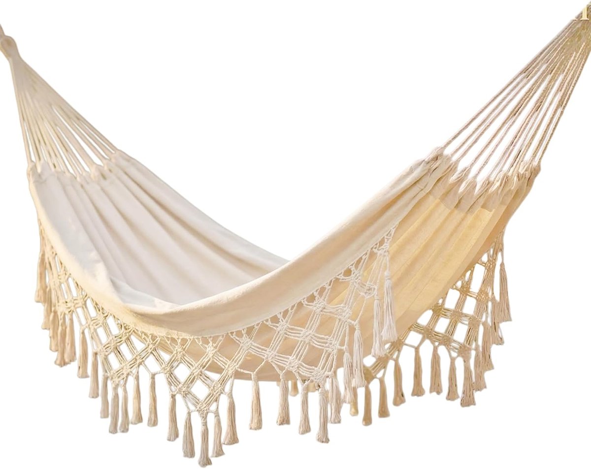 SnelShoppen - Hangmat voor Thuis en Buiten, Dubbel, Macramé, 200 cm x 150 cm, Wit, Zacht Katoen, Voor Twee Personen, Boho, Perfect voor Terras, Tuin,