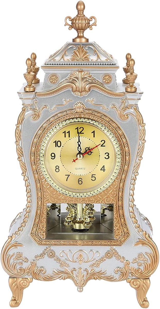SnelShoppen - Vintage tafelklok in Europese stijl, antieke wandklok met slinger en klokkenspel voor woondecoratie, wit, klassiek design voor woonkamer