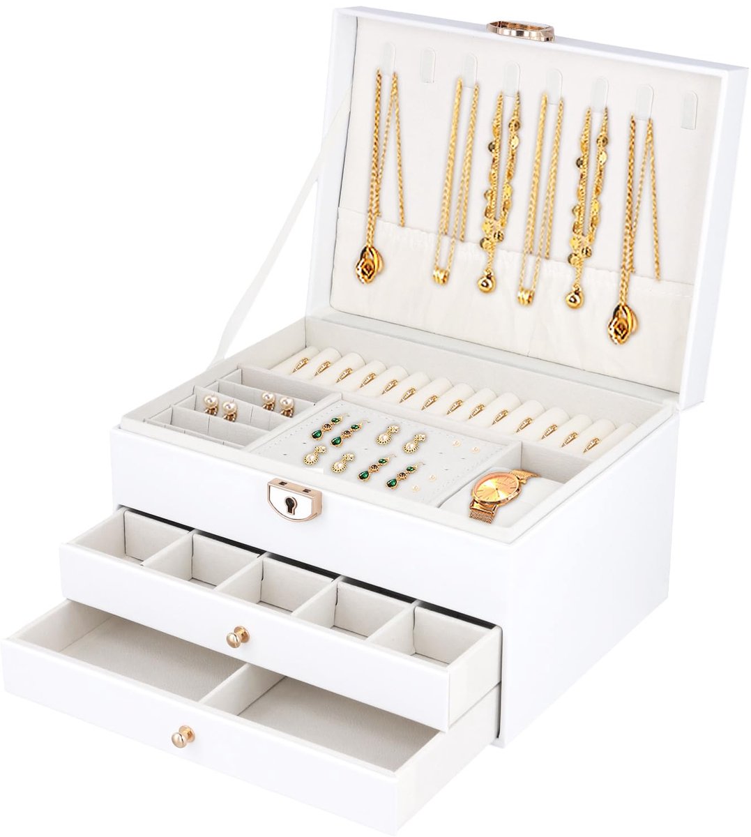 SnelShoppen - Grote witte lederen sieradendoos organizer met meerdere compartimenten en laden, 23 x 17 x 13,5 cm - Perfect voor sieraden, accessoires