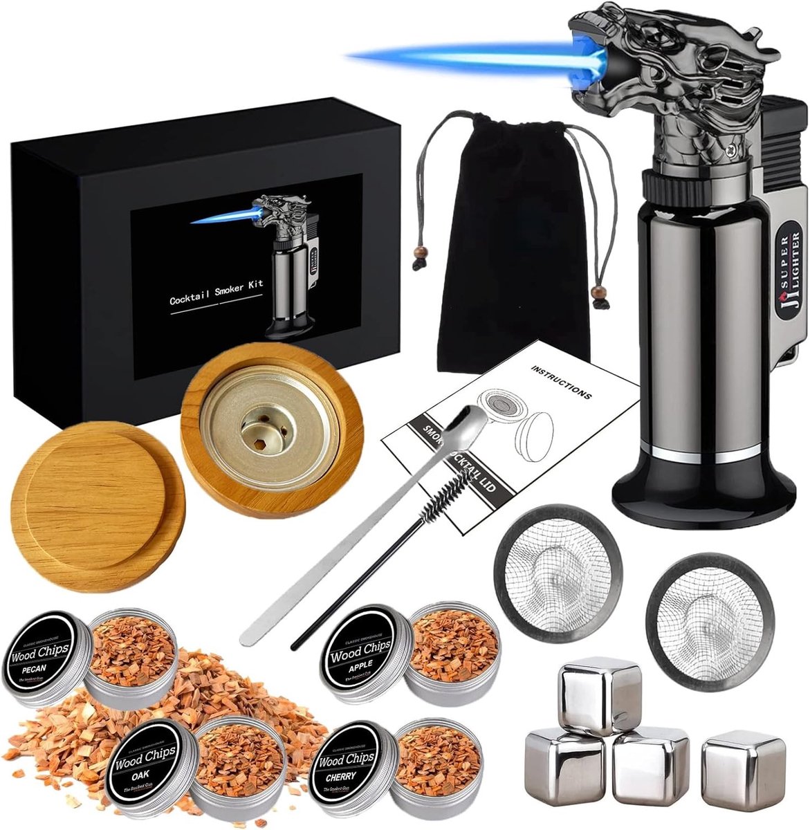 Cocktail Rookset voor Whisky, Bourbon, Steak en Vis - Perfect voor Smaakvolle Dranken en Gerechten, Ideaal Vaderdag Cadeau