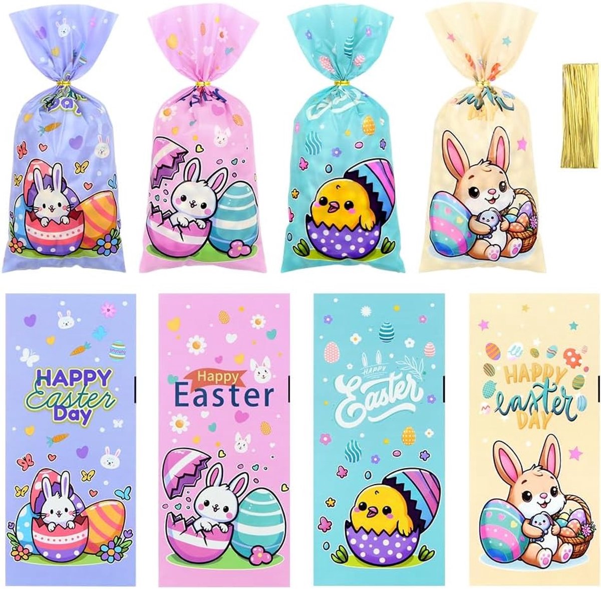 Vrolijke Paas Treat Bags 50 Stuks, Celofaan Tassen met Touwtjes voor Snoep, Paashaas en Eieren, Ideaal voor Kinderen en Feestjes in de Lente