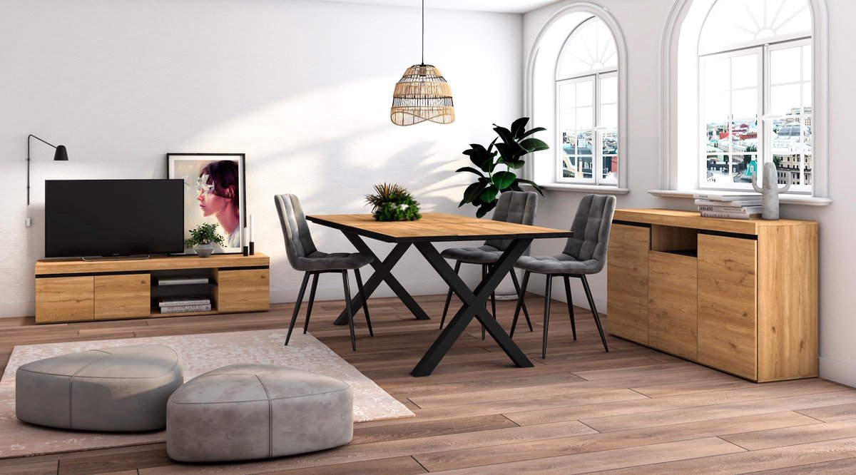 SnelShoppen - Woonkamermeubelset | Industriële Tafel 200 cm voor 10 Gasten | TV-Kast 160 cm | Spatwand/Dressoir 140 cm in Eiken en Zwart | Perfect voo