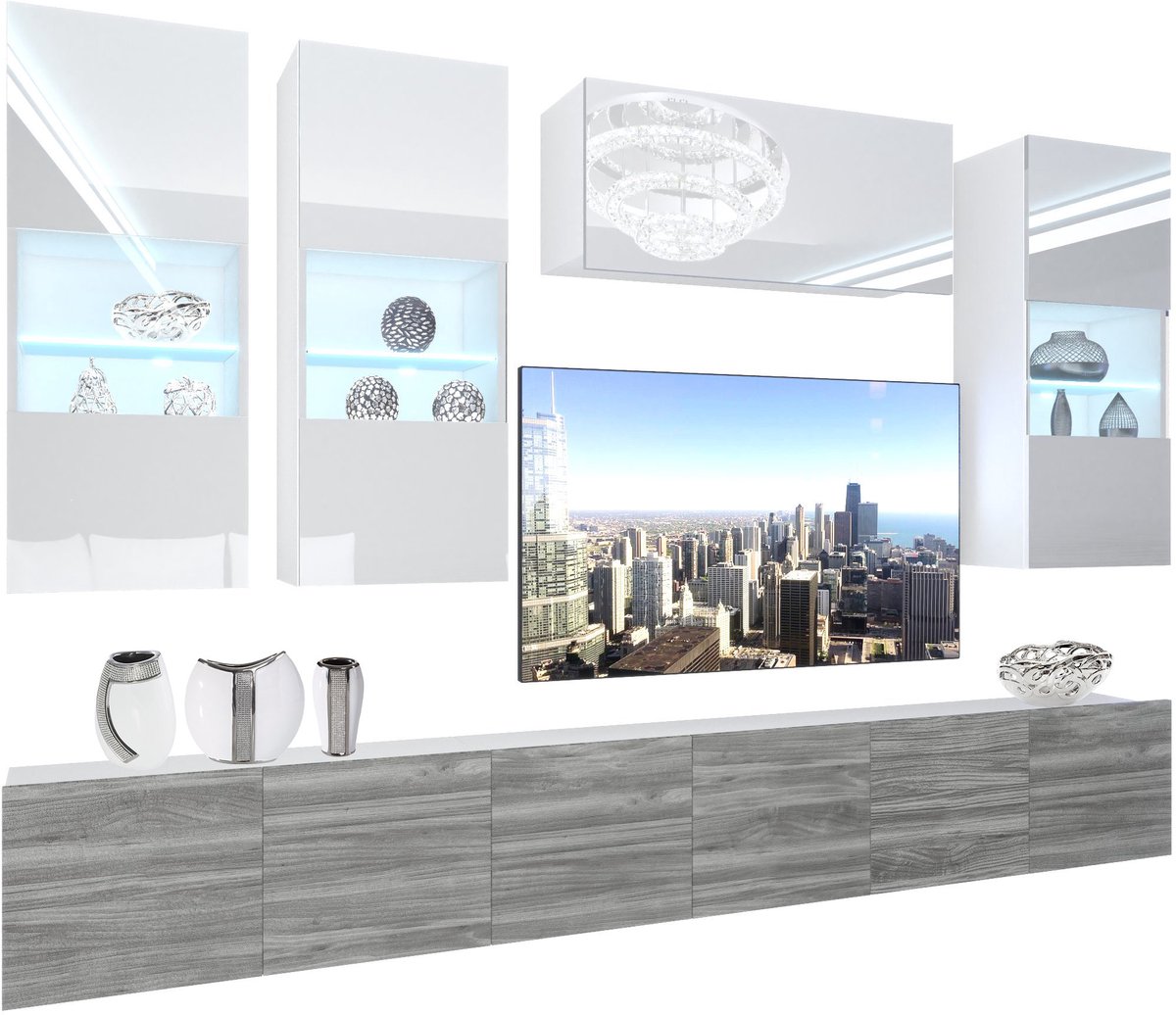 BELINI Wandmeubel NEX 5 - TV-Wandkast Set met LED-Verlichting Wit / Glamour Hout - Hoogglans Fronten