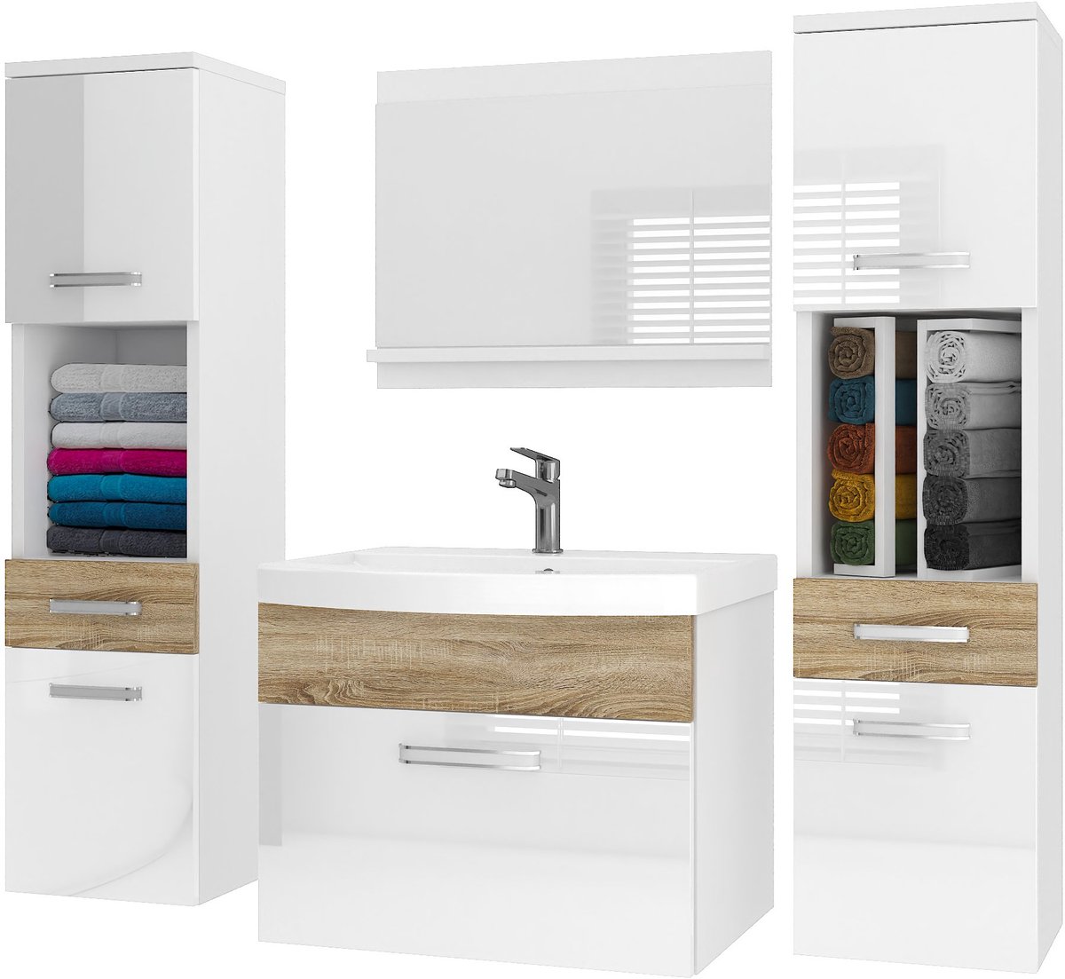 BELINI Badkamermeubel Set PRI PM6 - Badmeubelset 120 cm Wit/Sonoma Eiken Hoogglans met Wastafel en Spiegel - Wandmontage