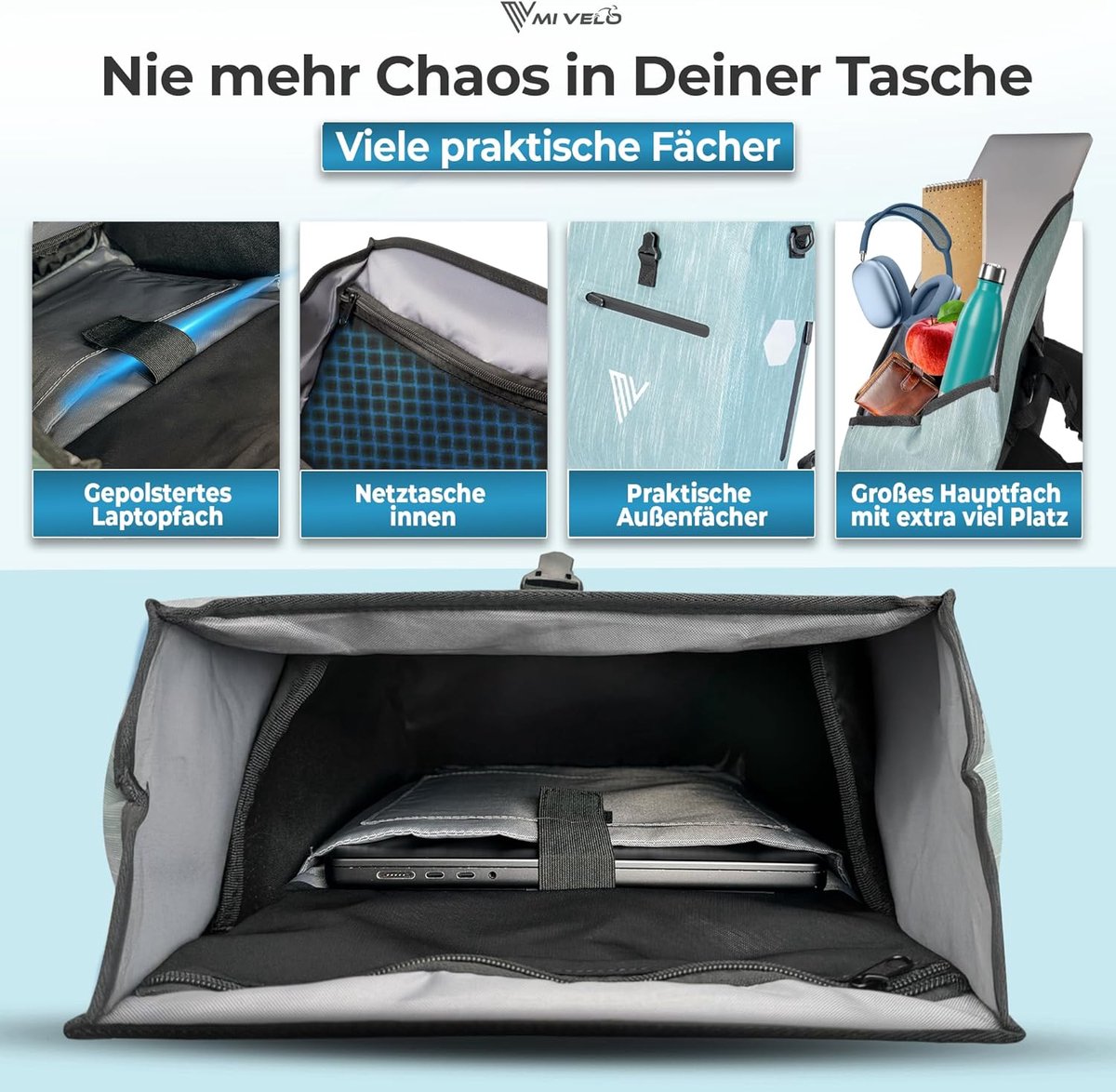 SnelShoppen - 3-in-1 Fietstas Bagagedrager Rugzak 20L - Waterdichte Fietstas met Gewatteerd Laptopvak en Reflectoren - Ice Mint