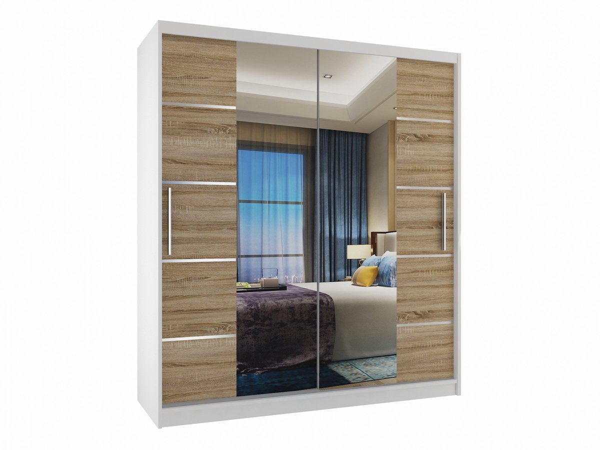 BELINI Verona ME Schuifdeurkast 133 cm Wit/Sonoma Eiken Mat - Kledingkast met Spiegel - Comfort Line Slaapkamerkast