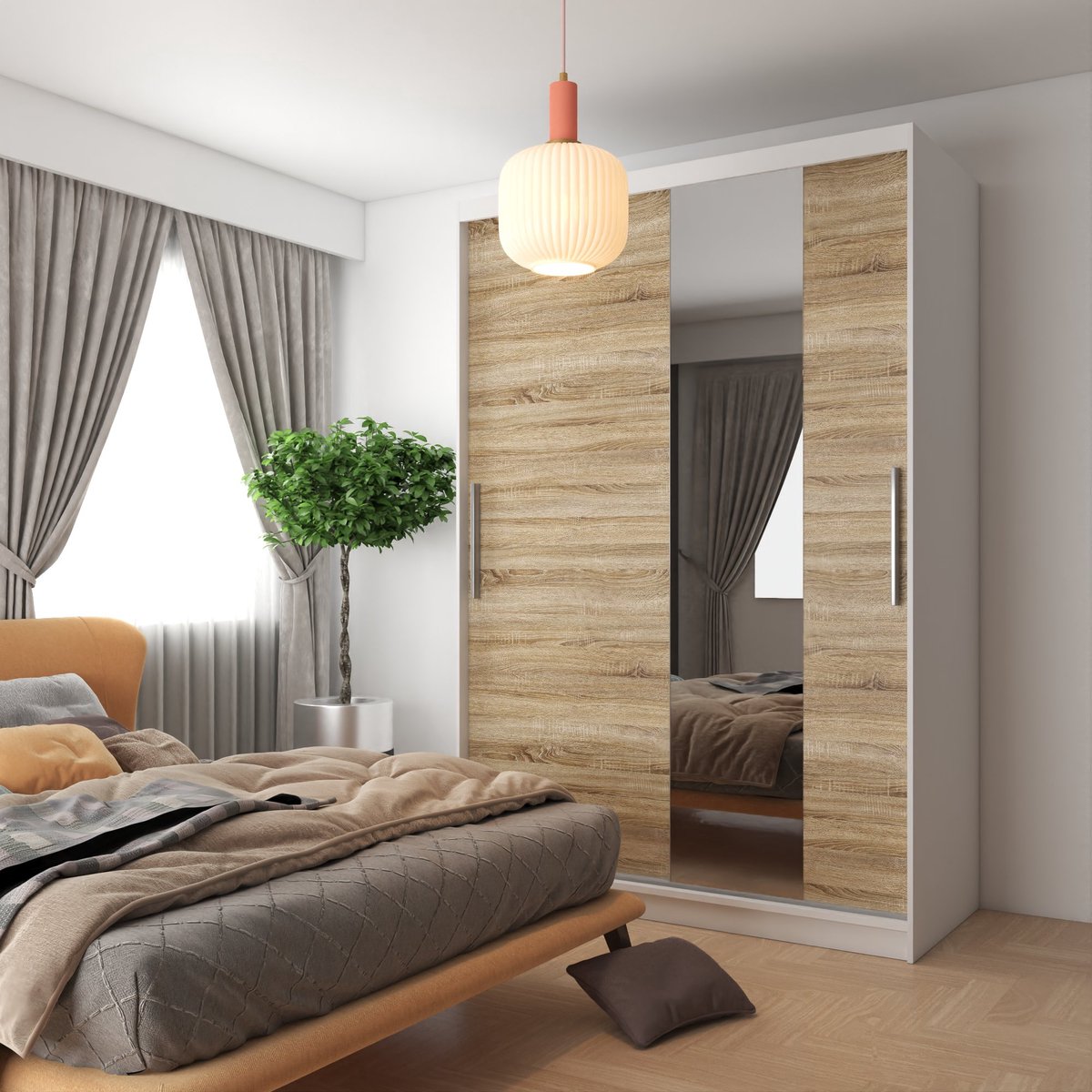 BELINI Verona MSE Schuifdeurkast 133 cm Wit/Sonoma Eiken Mat - Kledingkast met Spiegel - Comfort Line Slaapkamerkast