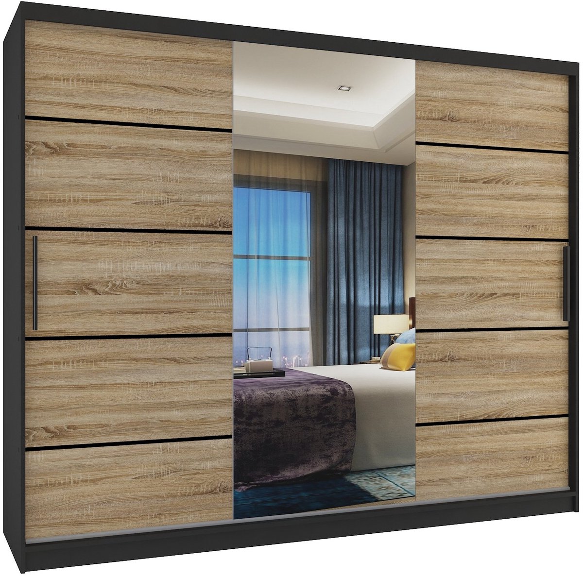 BELINI Verona MBP Schuifdeurkast 232 cm Zwart/Sonoma Eiken Mat - Kledingkast met Spiegel - Comfort Line Slaapkamerkast