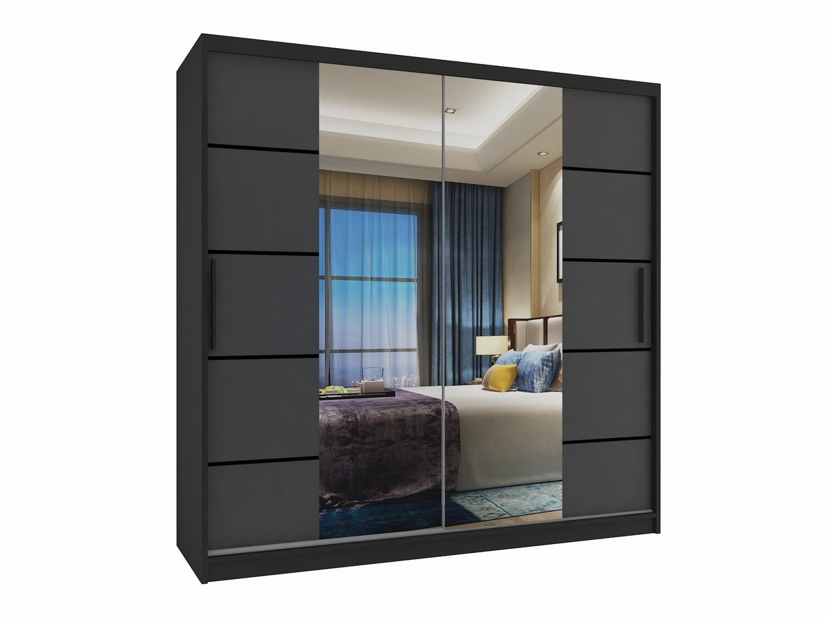 BELINI Verona ME Schuifdeurkast 200 cm Zwart/Grijs Mat - Kledingkast met Spiegel - Comfort Line Slaapkamerkast