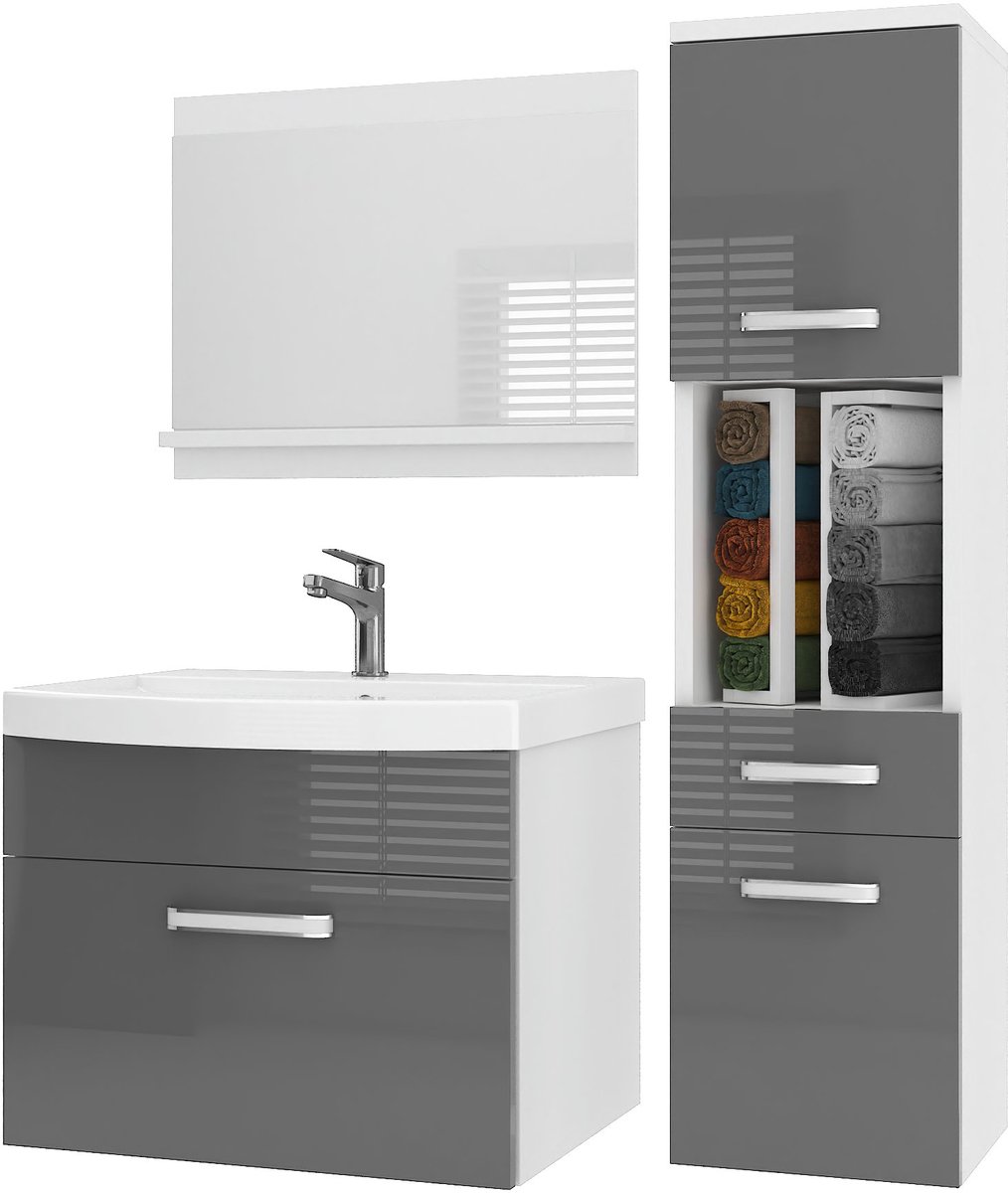 BELINI Badkamermeubel Set PRI P3 - Badmeubelset 90 cm Grijs Hoogglans met Wastafel en Spiegel - Wandmontage