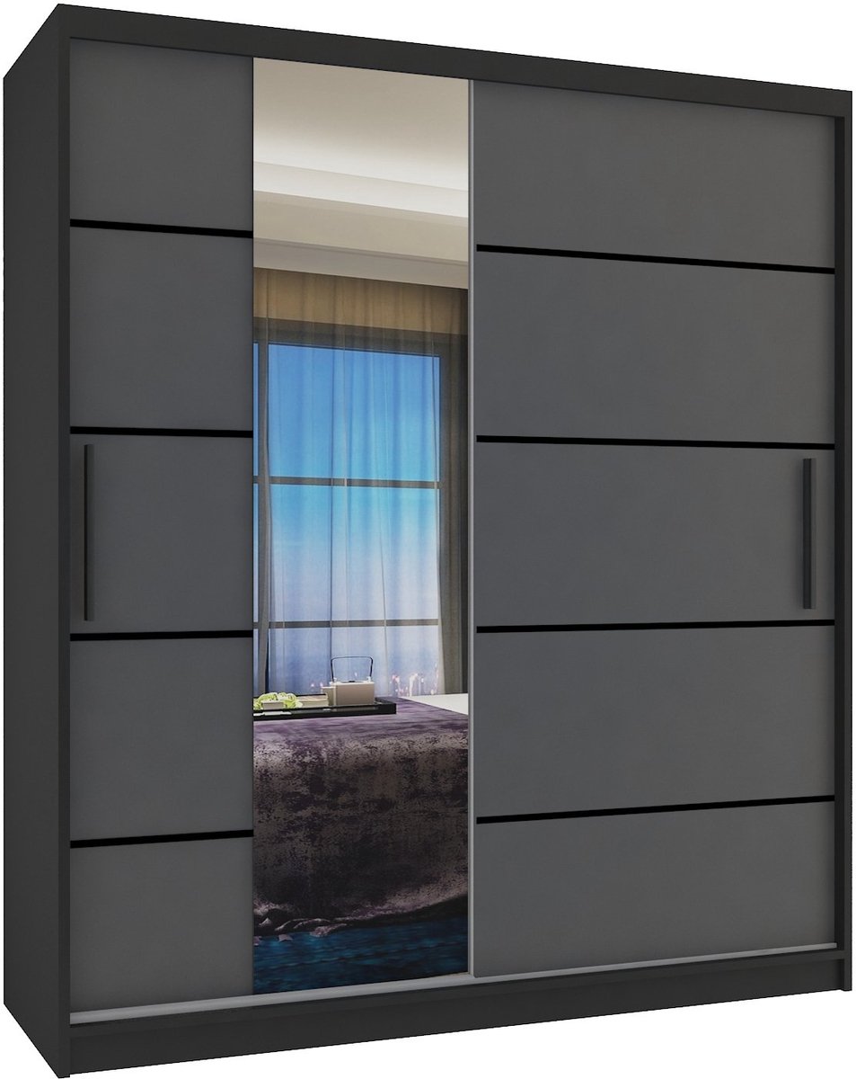 BELINI Verona MBP Schuifdeurkast 133 cm Zwart/Grijs Mat - Kledingkast met Spiegel - Comfort Line Slaapkamerkast