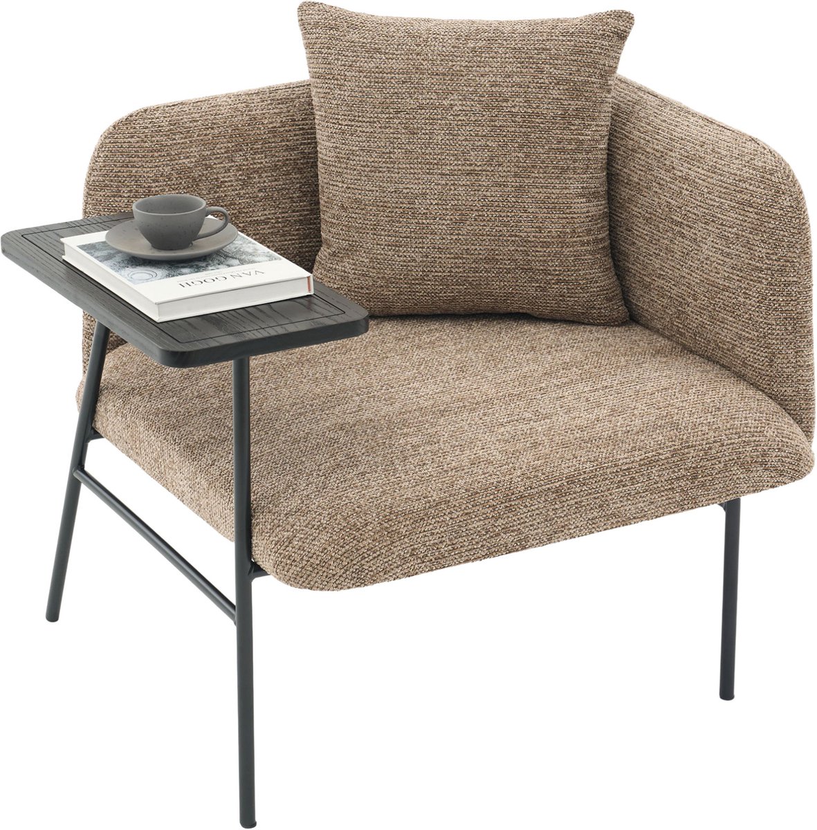 REDOM - Fauteuil - Met geïntegreerde bijzettafel en 2 opbergvakken - Armleuningen en kussen - Scandinavische stijl - Chenille en metaal - Kaki - 86 x 72 x 71 cm