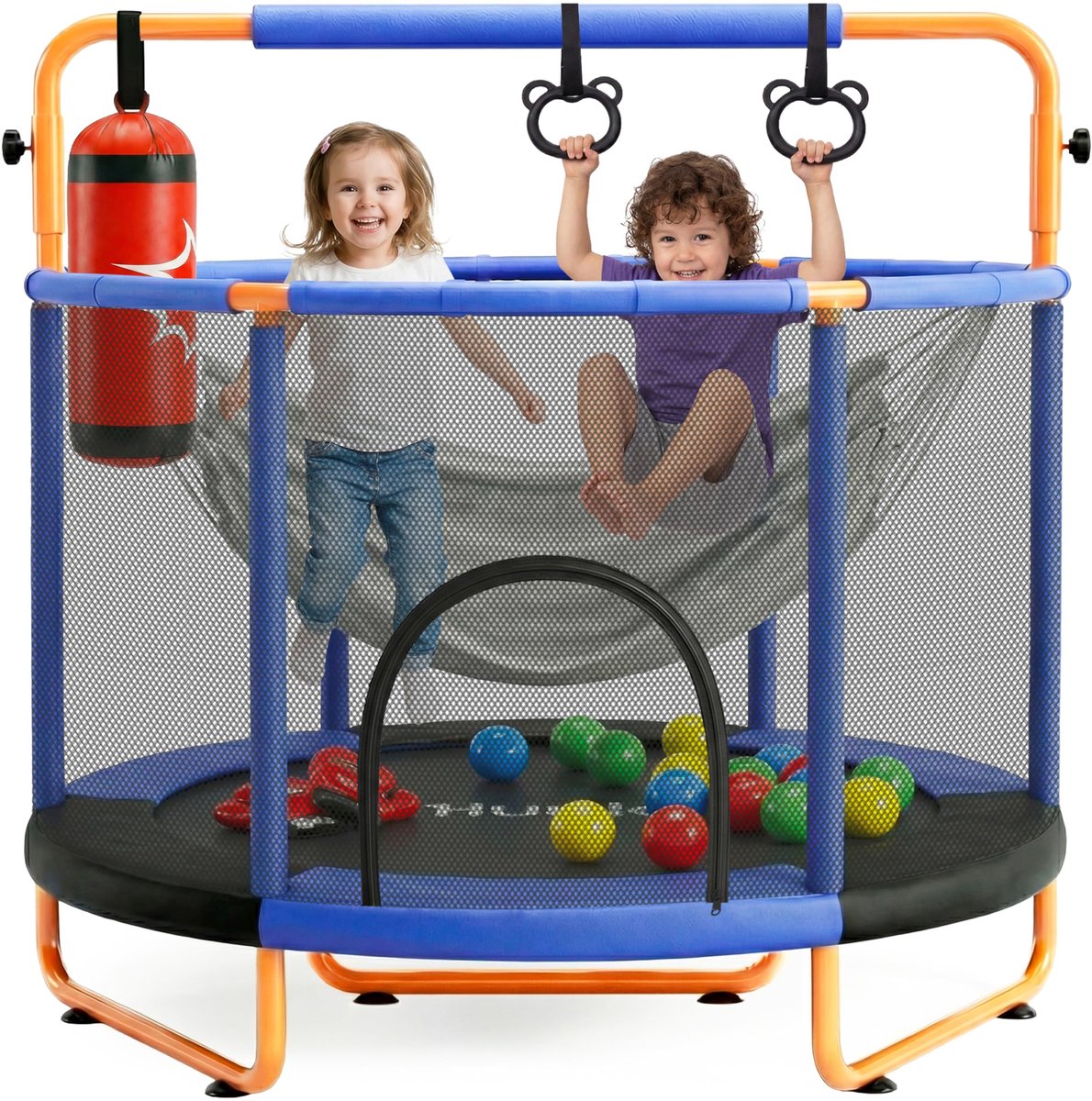 SnelShoppen - Kindertrampoline 140 cm met Veiligheidsnet, Gymnastiekstang, Schommel, Bokszak en Ringen - Binnen/Buiten - Oranje - Tot 120 kg