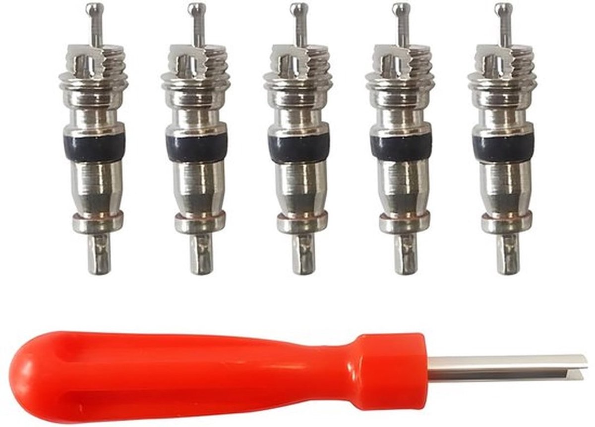 Autoventieltrekker 6-delige set - Ventielsleutel - Koperen ventielkernen - Universeel gebruik - Robuust en drukbestendig - Afmetingen 96 mm - Bandenreparatieset