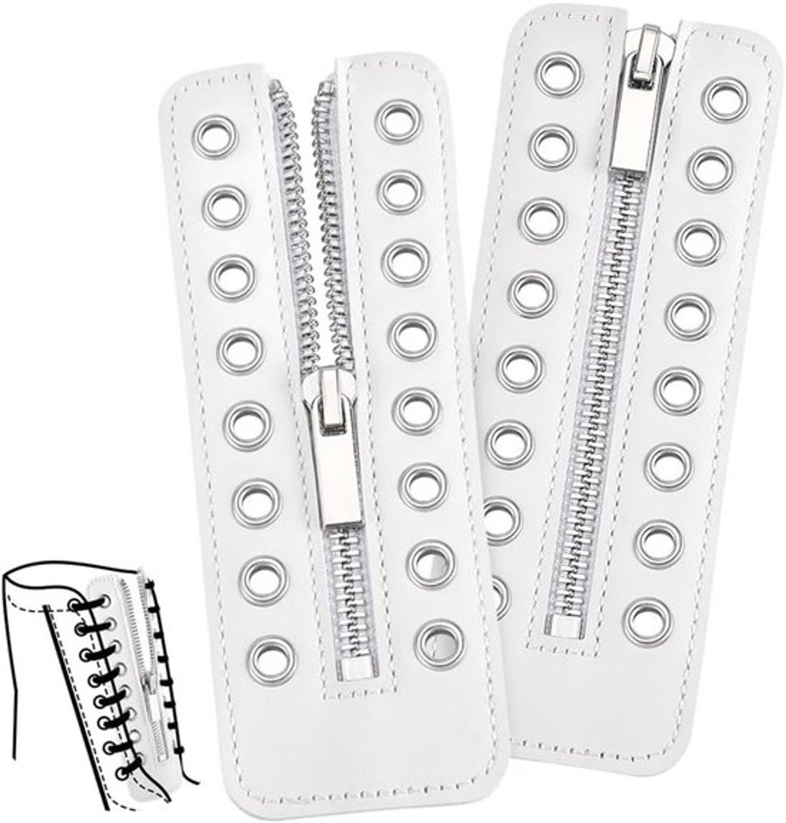 2 Stuks koeienhuid leren ritsinzetstukken voor schoenen, 16,5x6,5 cm, witte veters met 8 platinumkleurige gaatjes, voor reparatie van sneakers en laarzen