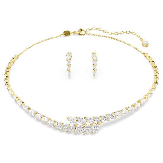 Collier et clous d'oreilles dorés assortis, sertis de cristaux en forme de marquise formant des motifs en feuille.