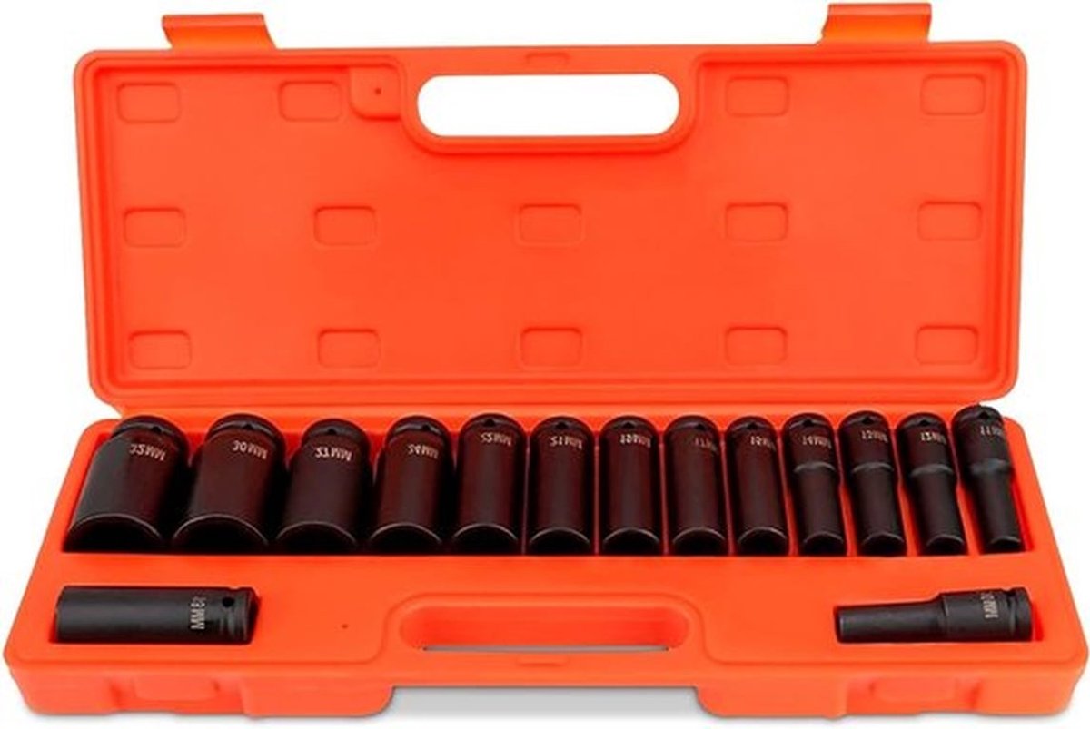 15-delige 1/2 inch Dopsleutelset voor Impactsleutel, 12.5 mm, voor het Losdraaien en Verwijderen van Schroeven, Geschikt voor 10-32 mm Doppen en Professioneel Gebruik