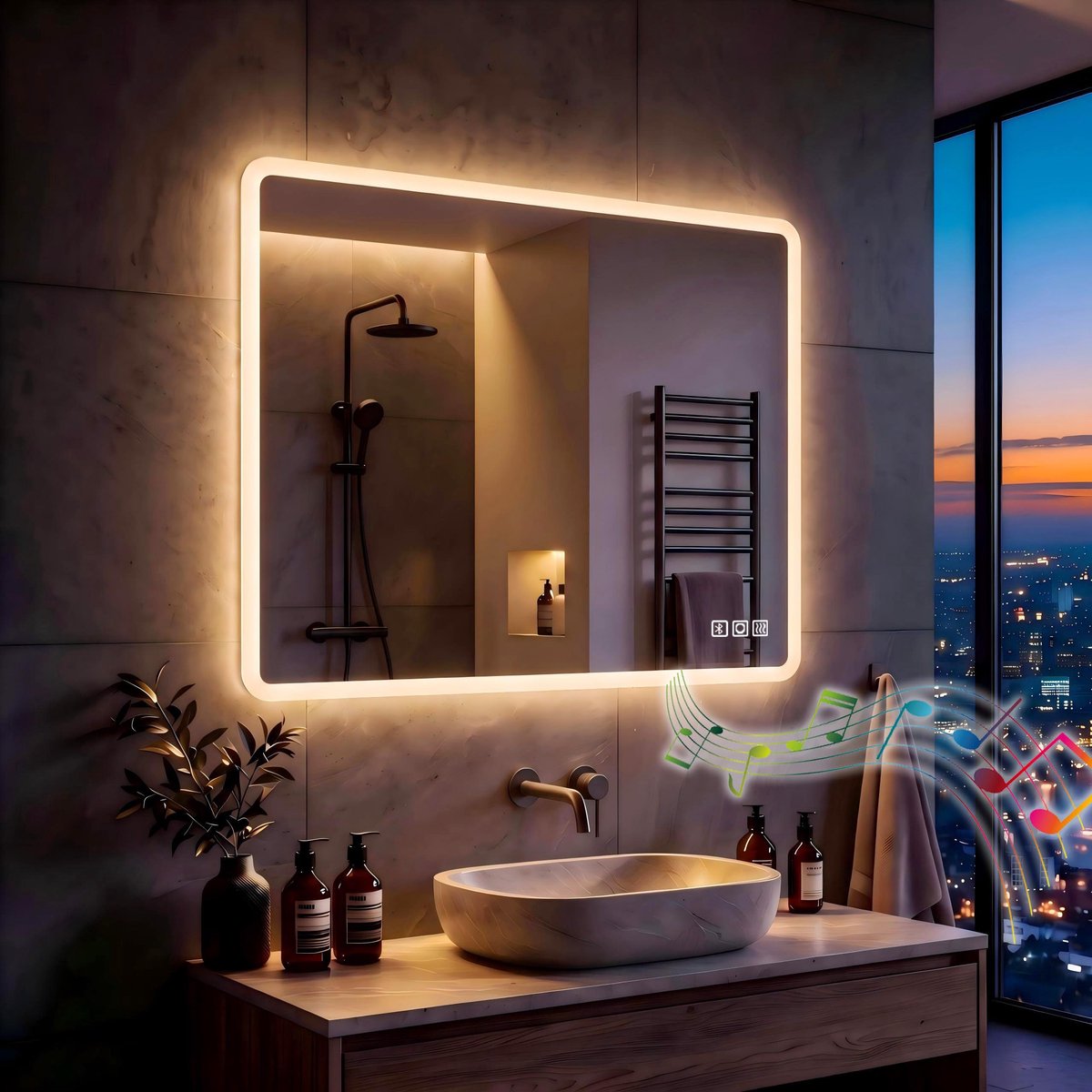 SnelShoppen - MIQU Badkamerspiegel LED 80 x 60 cm - Verlichte Wandspiegel met Dimbare Touch Functie - Rechthoekige Spiegel met Bluetooth, Stopcontact