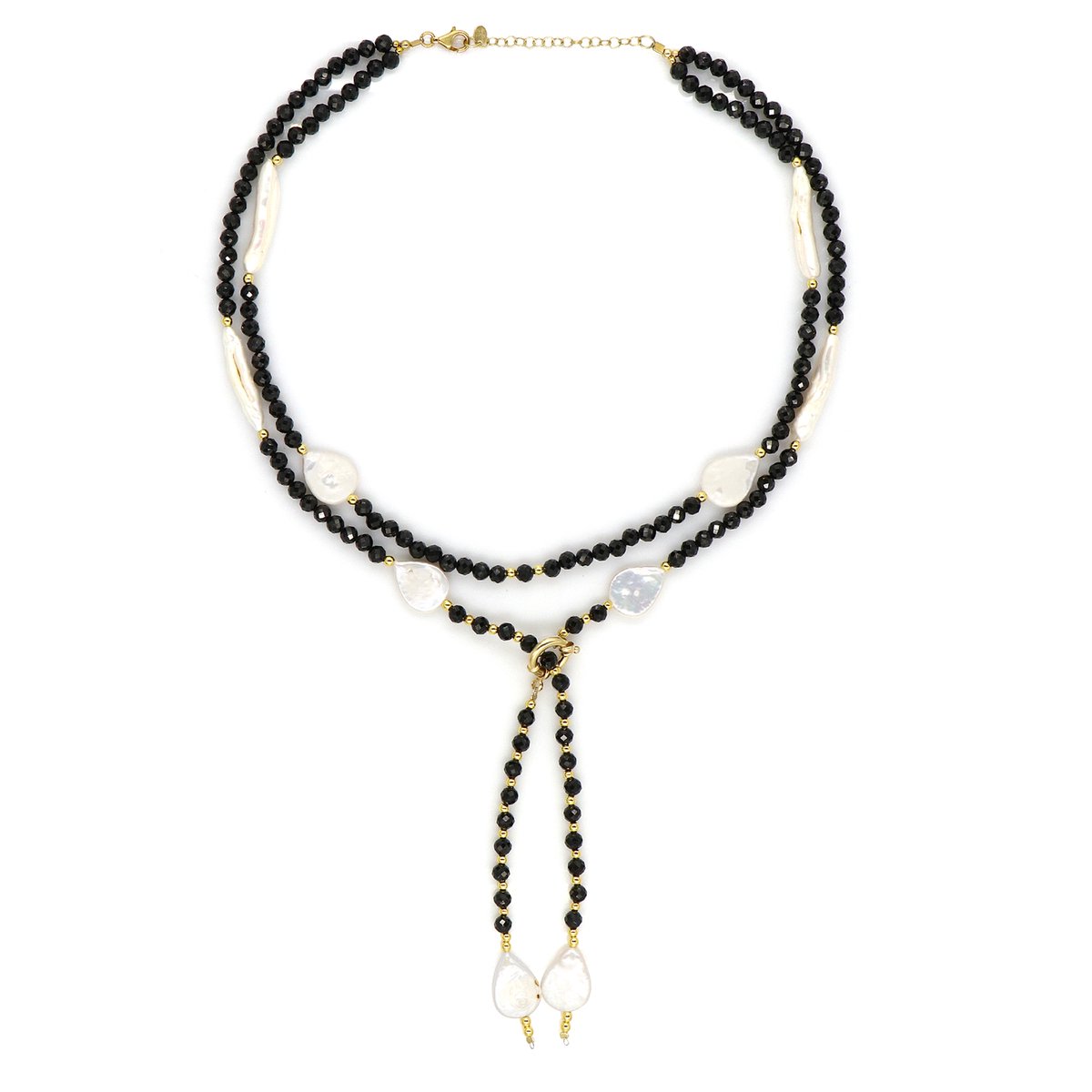 Cavill - Luxe dames ketting 925 sterling zilver verguld - Peervormige witte zoetwaterparel 1.38 ct - Zwarte spinel en gouden hematiet
