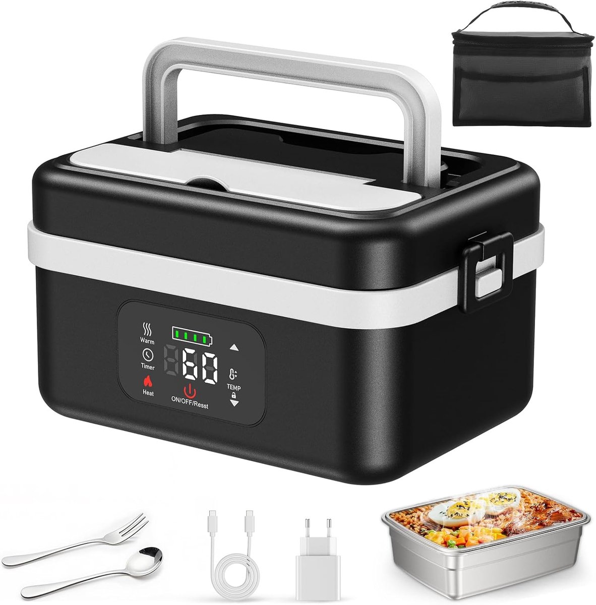 SnelShoppen - Kabellose Elektrische Lunchbox voor Volwassenen met 16000 mAh Accu, Automatische Verwarming, 1L Capaciteit voor Kantoor, Picknick en Aut