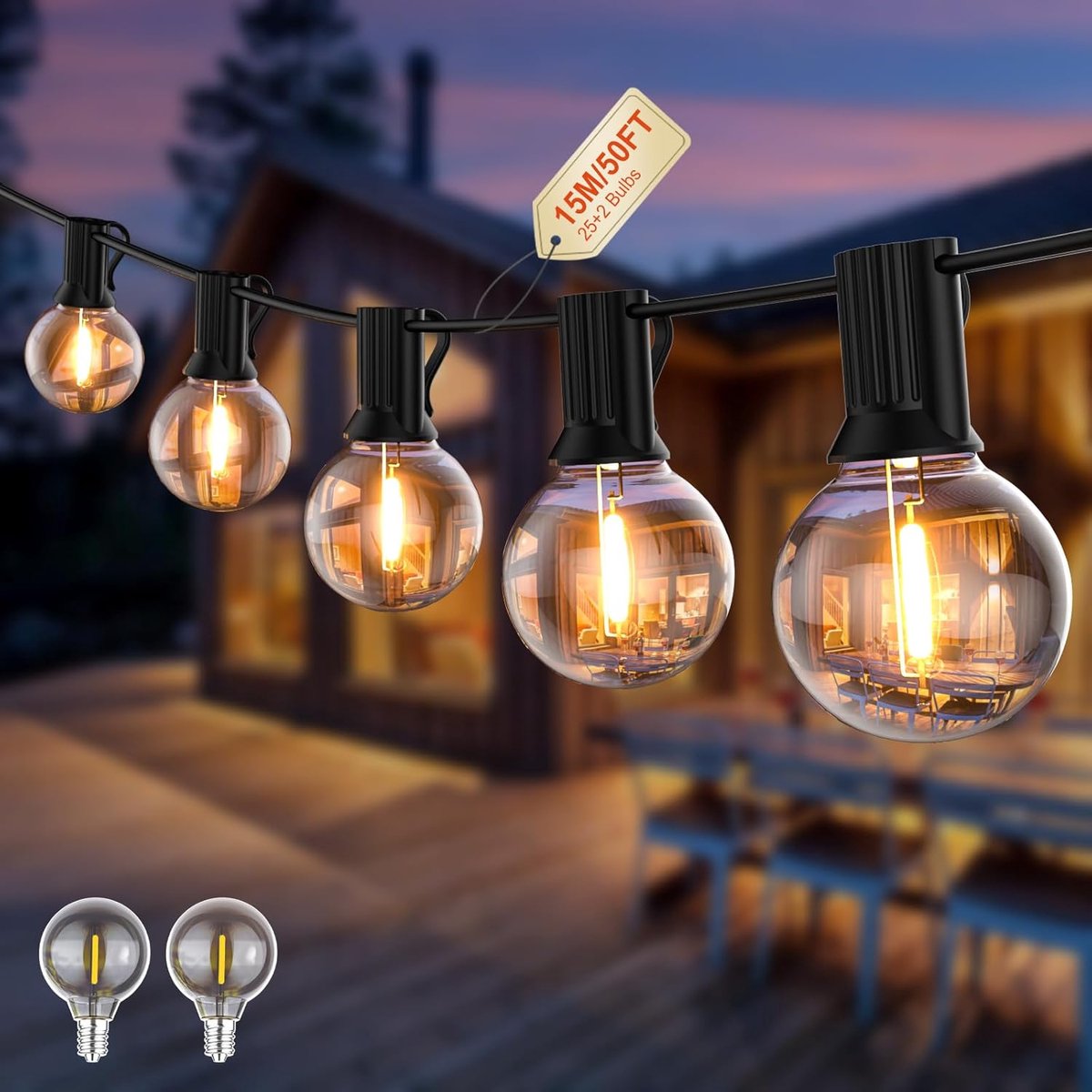 SnelShoppen - G40 Lichtsnoer voor Buiten 15 m - LED Verlichting met Stekker - 25 Onbreekbare Lampen - Netaangedreven Buitenverlichting voor Tuin, Terr