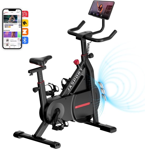 Zwarte JASPORT C1 spinningfiets met tablet, telefoon en blauwe magnetische golven.