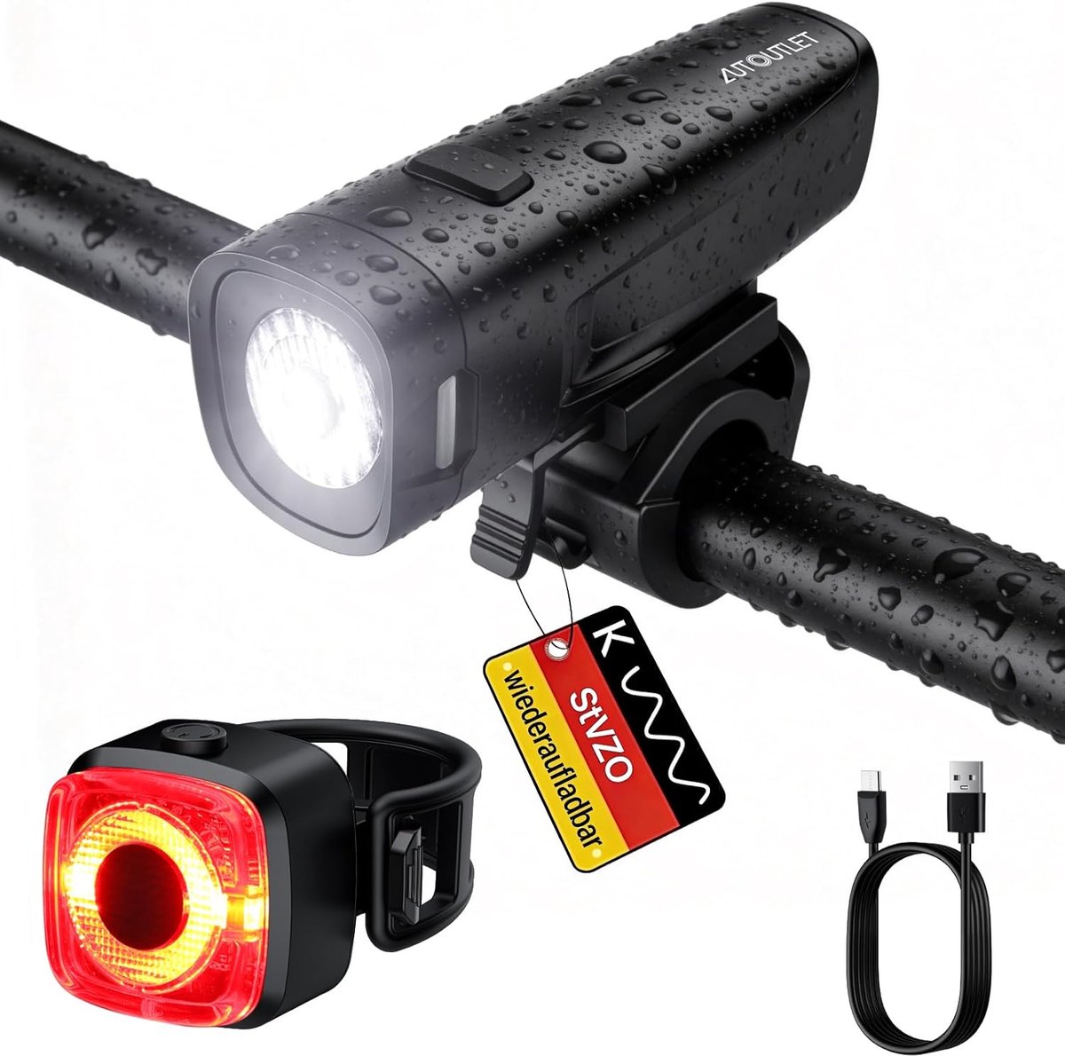 SnelShoppen - Fietslicht Set StVZO Goedgekeurd, 20/40 LUX LED Fietsverlichting USB-C Oplaadbaar Tot 16 Uur Accuduur, IPX5 Waterdicht Voor- en Achterli