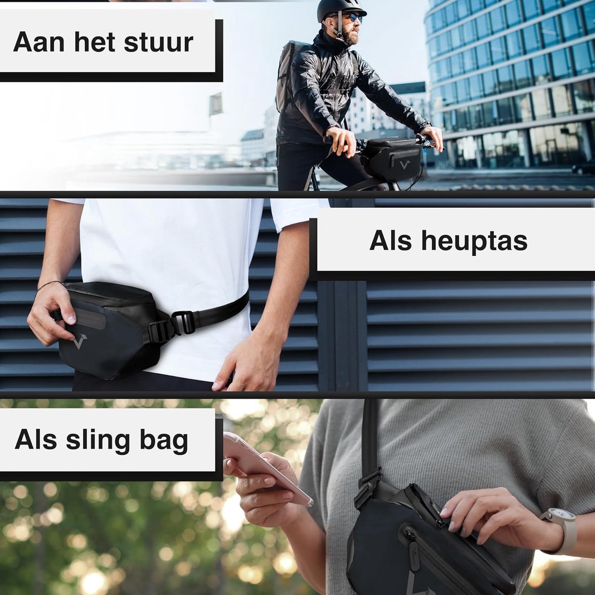 SnelShoppen - 3-in-1 Fietstas voor Stuur, Waterdicht en Volledig Reflecterend, Geschikt als Stuurtas en Heuptas, 4 Liter, Ideaal voor E-bike en Fietst