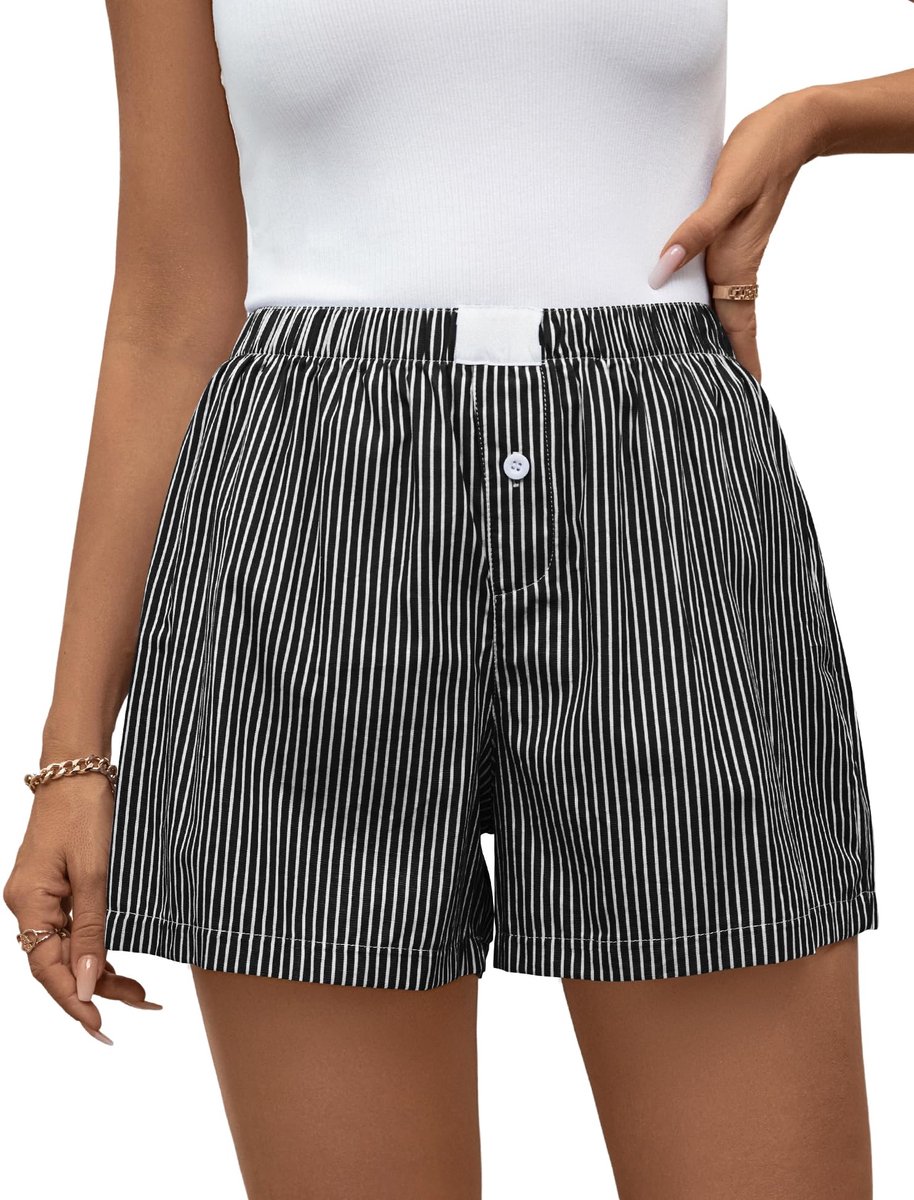 SnelShoppen - Boxer Shorts Vrouwen Gestreept Katoen Casual Slaap Lounge Korte Pyjama Bottoms Zomer 2026 Plaid Elastische Taille Zwart M