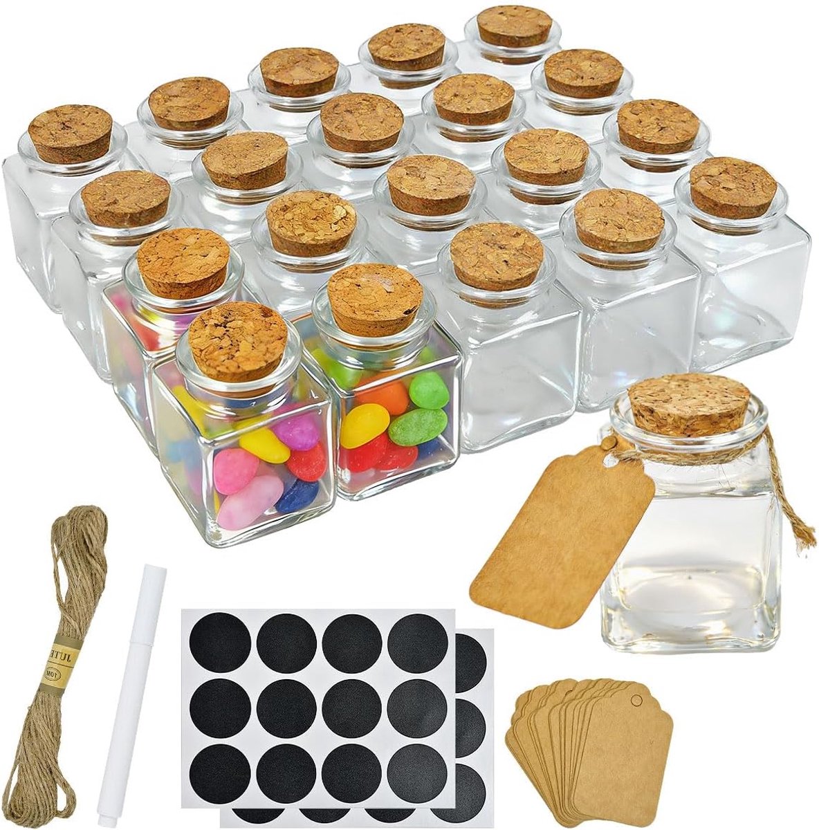 SnelShoppen - 20 stuks kleine glazen potten met kurksluiting, 50 ml mini-flesjes voor bruiloft en feestdecoratie, vierkante mini-potten met etiketten