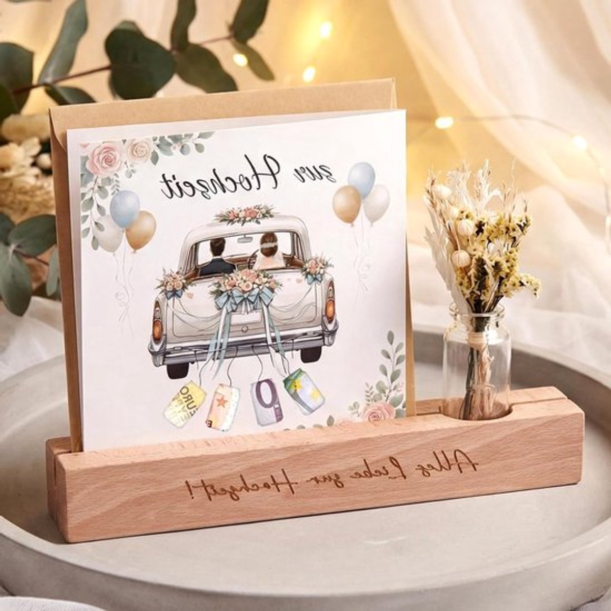 Set van 4 Geldcadeausets voor Bruiloft met Houten Kaarthouder en Enveloppen - Perfecte Huwelijkscadeaus voor Bruid en Bruidegom, Creatieve Geldgeschenken en Trouwkaarten