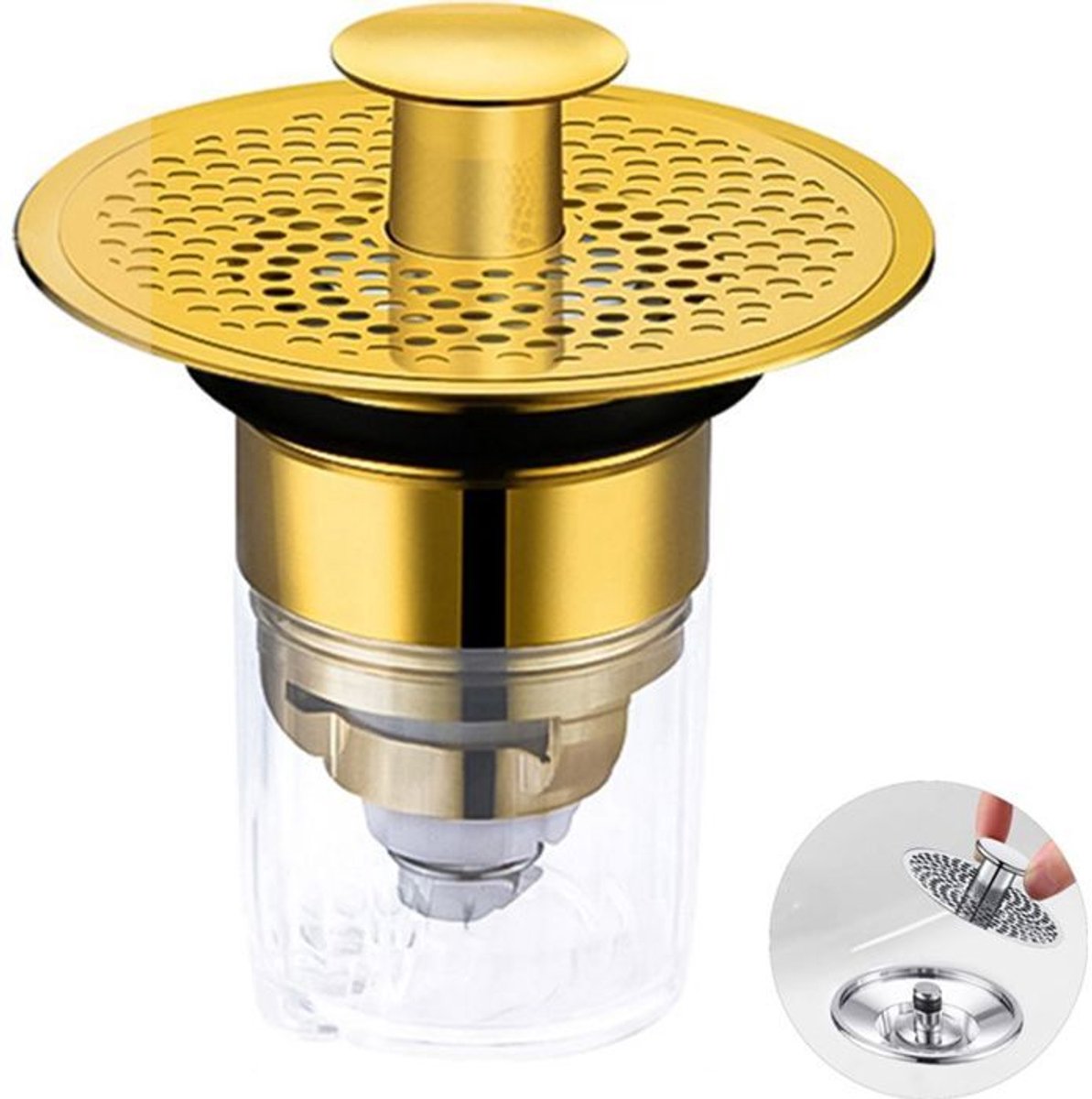 LISM-Pop-up afvoer met waterreservoir, drukknopbediening Geschikt voor de wastafeldeksel met anti-verstoppingsfiltergaten 34-37 mm (goud).