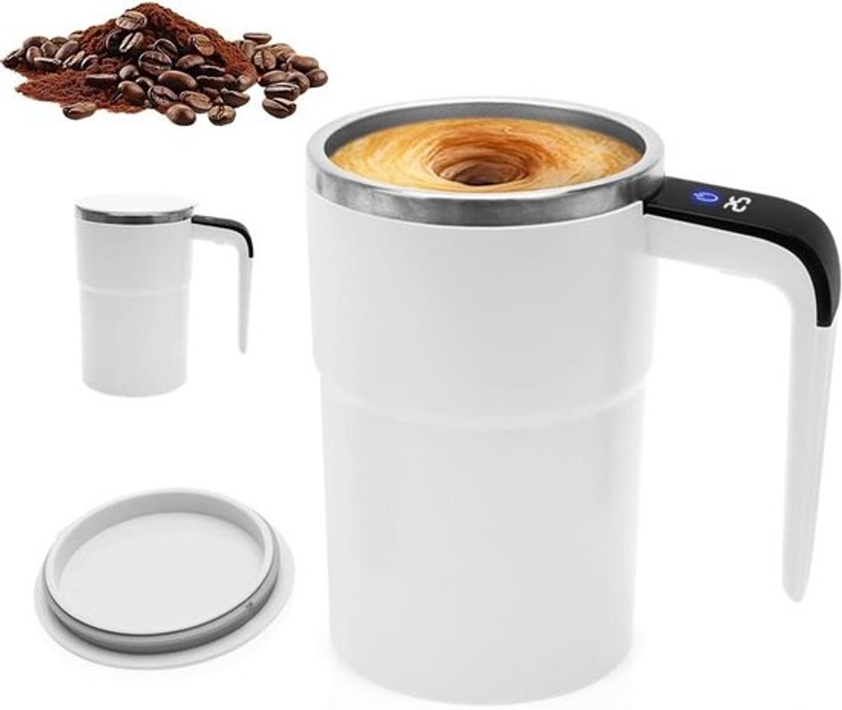 Zelfroerende Koffiemok - 0,36 L Mixbeker met Automatische Mixfunctie en Handvat, Ideaal voor Koffie en Eiwitpoeder in het Wit