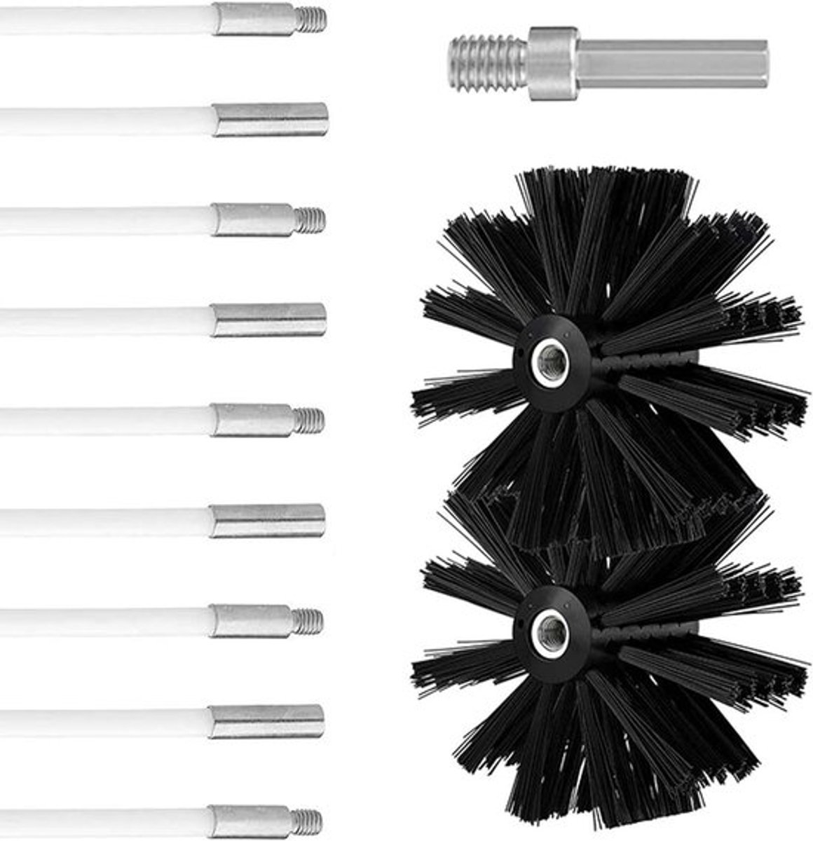 Schoorsteenreinigingsborstelset met flexibele nylon staven - 41cm - 2 borstelkoppen - Open haardborstelset - Droger ontluchtingsreinigingsborstel