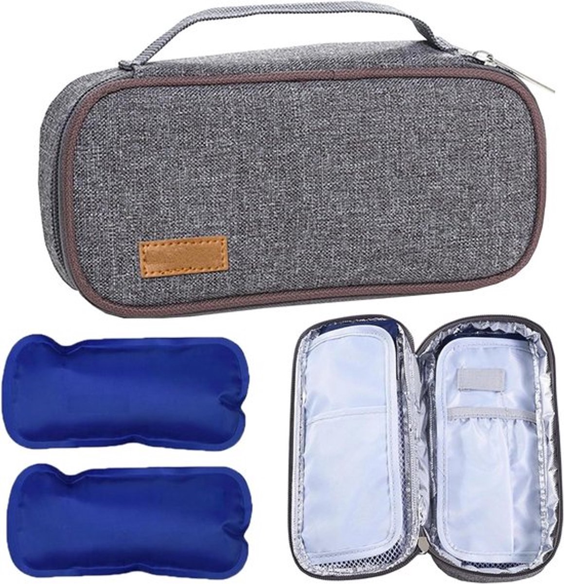 Reissetui voor insulinepennen met ijszakken - Diabetische etui voor op reis - Grijs en bruin - Compact en handig - 21 x 10 x 4,5 cm