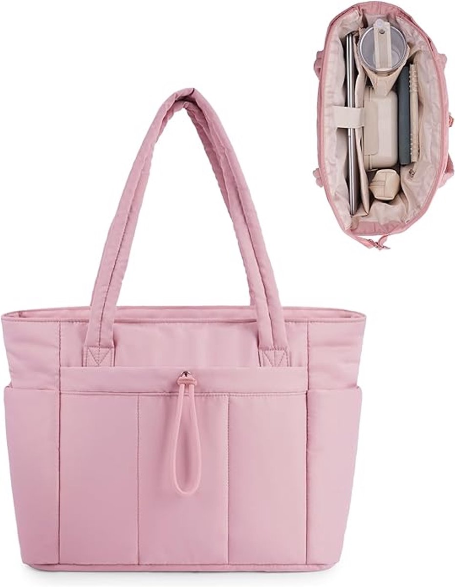 Dameshandtas, gewatteerd, laptoptas, schoudertas, grote capaciteit met meerdere vakken, geschikt voor werk en reizen, roze.