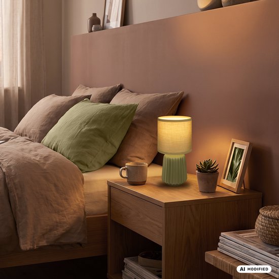 Lampe de table verte avec abat-jour textile sur une table de chevet à côté d'un lit avec des coussins marron et verts.