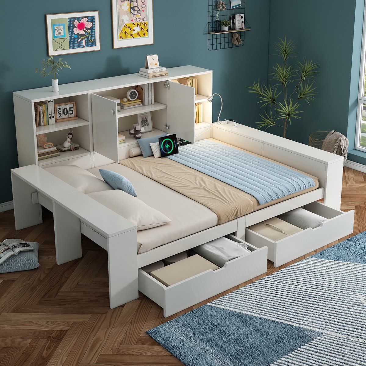 DESMIU Bed 140x200 cm – Opbergbed Met USB En USB C Aansluitingen En Leeslamp – Met Schuifladen En Hoofdbordopbergruimte – Voor Slaapkamer – MDF En Hout – Wit – Zonder Matras