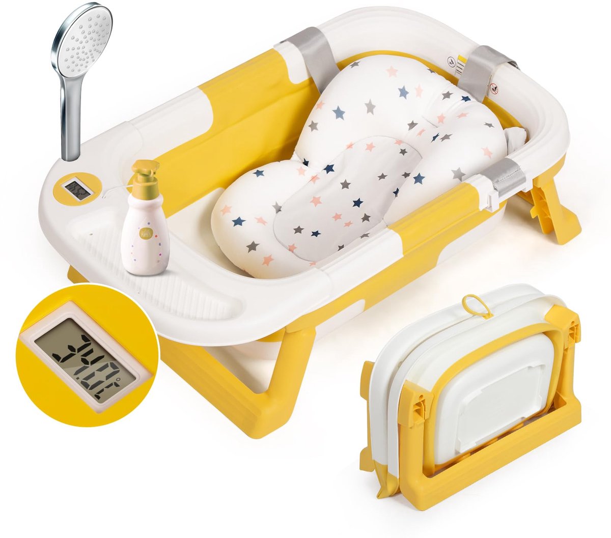 SnelShoppen - Opvouwbare babybad met badkussen, digitale reistermometer, ideaal voor baby's van 0-36 maanden, inclusief opbergtas, perfect voor thuis