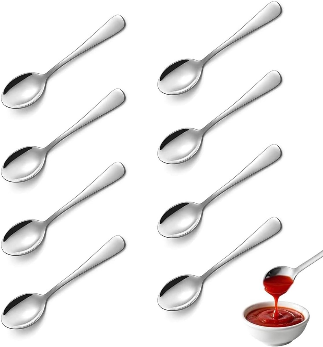Set van 8 mini zilveren speculeerlepels van 7,5 cm - RVS lepels voor kruiden, espresso en desserts