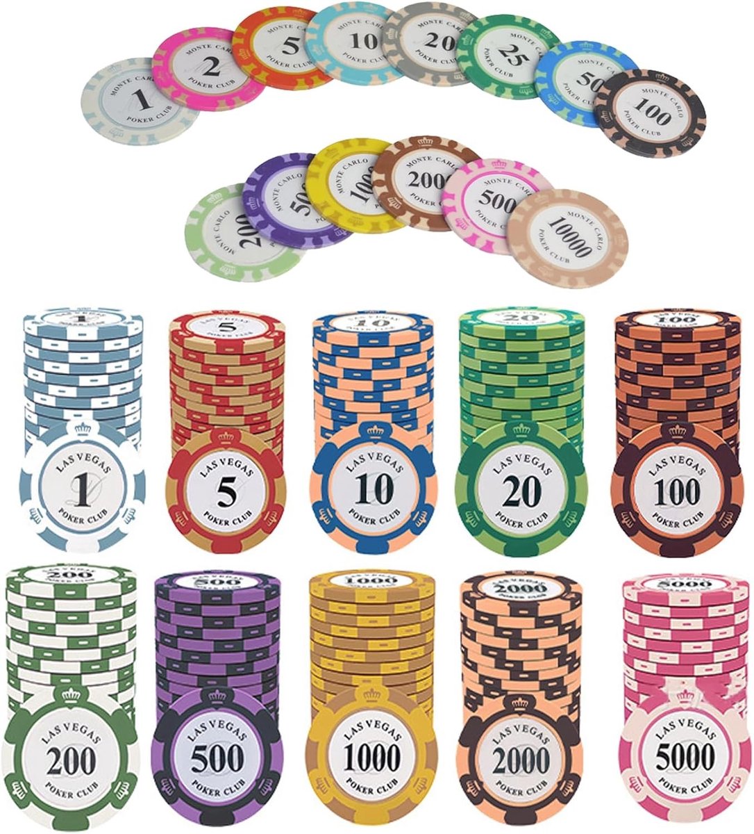 Professionele poker chips in 10 kleuren met gezichtswaarde - 50 stuks voor Texas Hold'em en casino spellen
