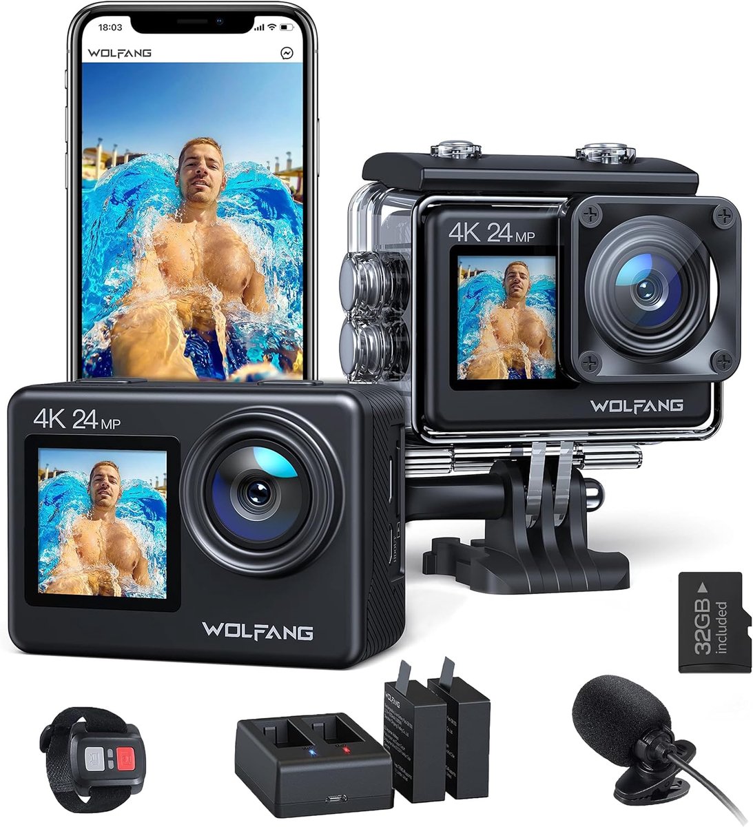 SnelShoppen - Dual Screen Action Cam 4K 24MP WiFi EIS Anti-Shock Fotocamera 40M Onderwater Videocamera met 2.4G Remote, 2x1050mAh Batterijen, Accu en