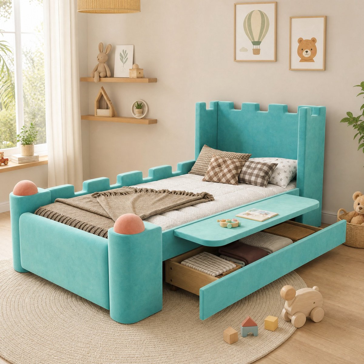 DESMIU Kinderbed 90x200 cm – Kasteelontwerp Met Opberglade – Met Opklapbaar Zijschap – Zonder Matras – Voor Kinderkamer – Hout En Stof – Blauwgroen